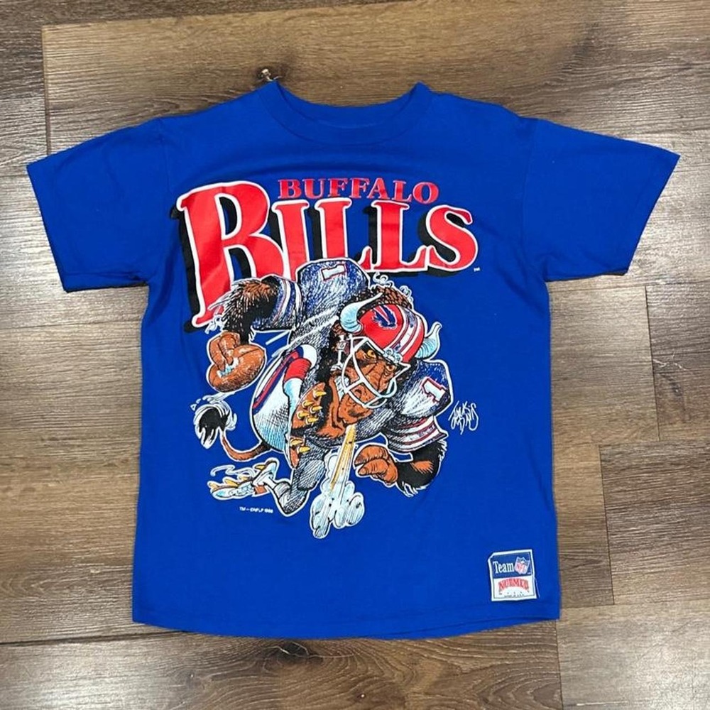 Vintage 1988 Buffalo Bills Nutmeg Mills Shirt Jack Davis Mascot Blue Mens M